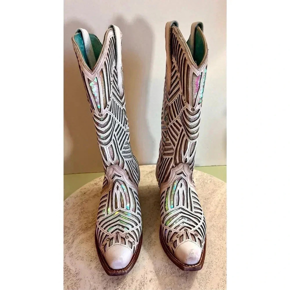 Coral Womens Ivory Pink Sequins Rhinestone Leather Cowgirl Western Boots Size 7M - Picture 3 of 12